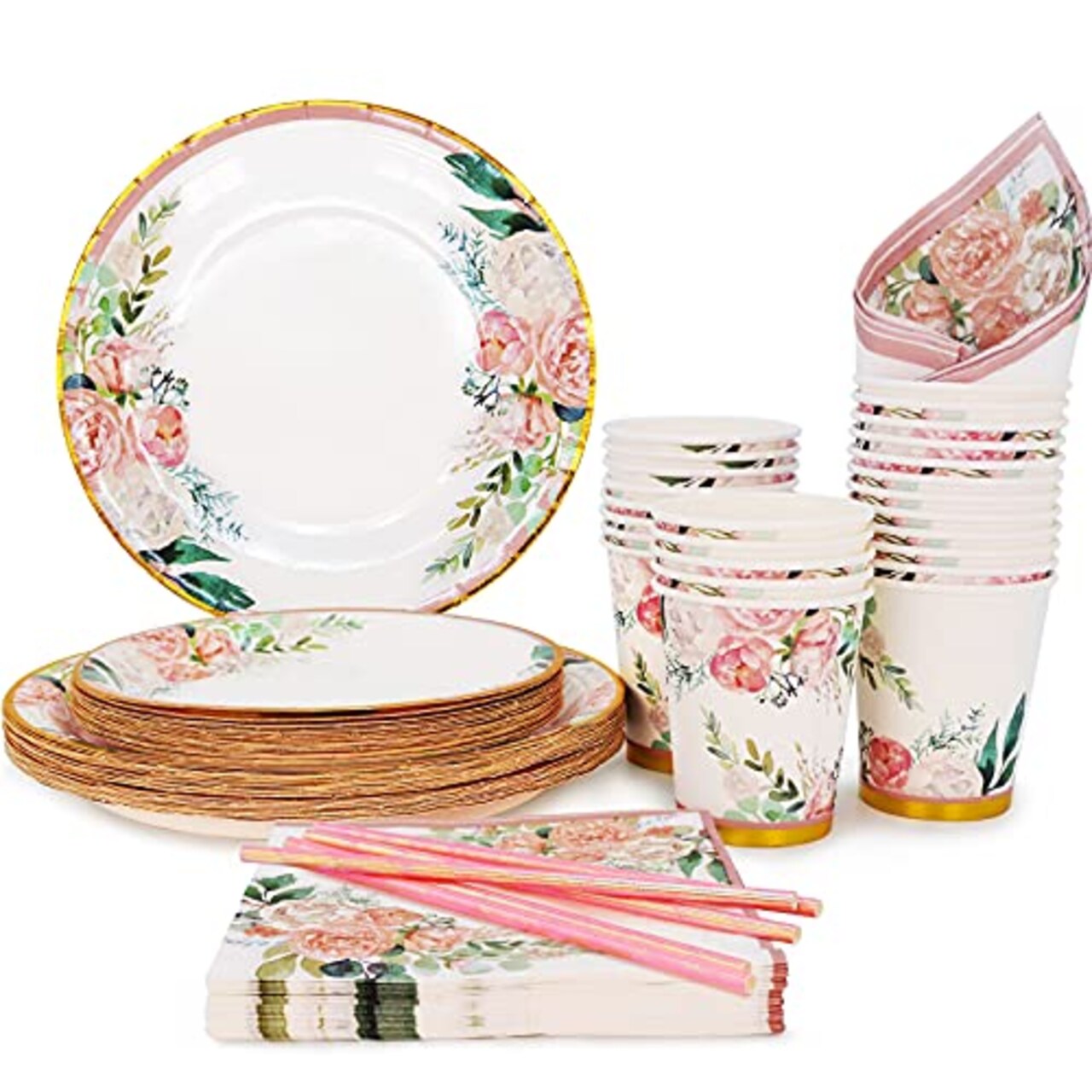 Boosolo Floral Party Supplies paper plates and Napkins Sets for 24 Guest-Include Floral Disposable Paper Plates,Cups,Napkin forr Bridal Shower,Birthday,Wedding,Bachelorette party Supplies